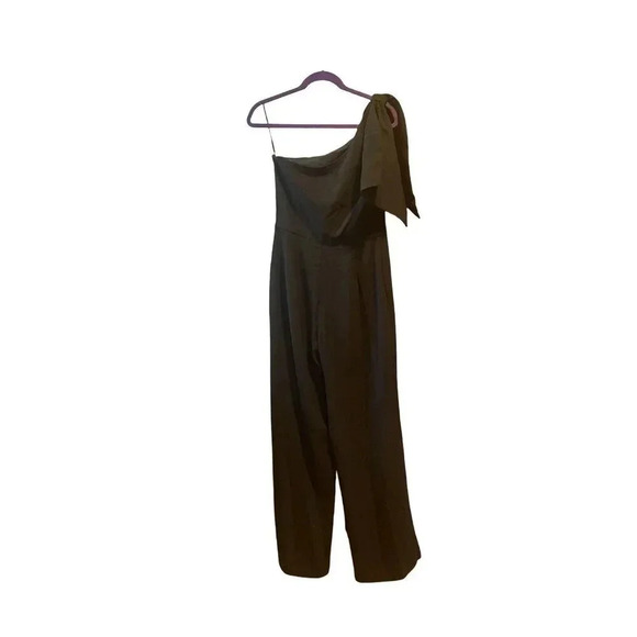 NWT DRESS THE POPULATION Tiffany Jumpsuit black One Shoulder Bow Wide Leg Medium - Picture 7 of 11